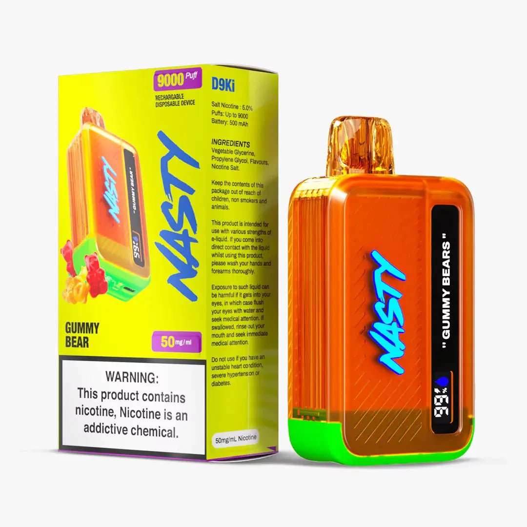 Nasty 9000 puff Gummy Bear 5% disposable vape device with colorful gummy bear design and sleek black body.