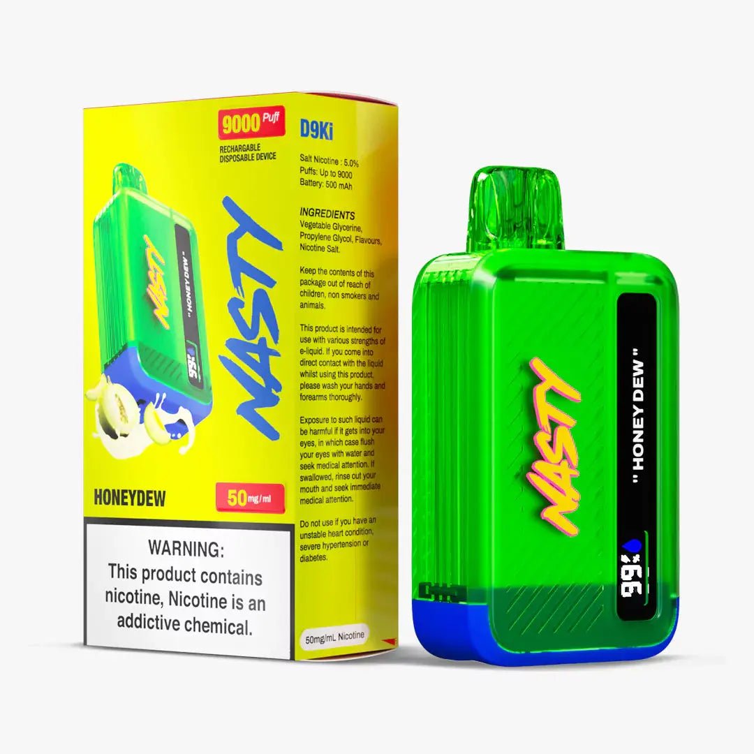 Nasty 9000 Puff disposable vape in honeydew flavor with 5% nicotine, featuring a sleek design and colorful branding.