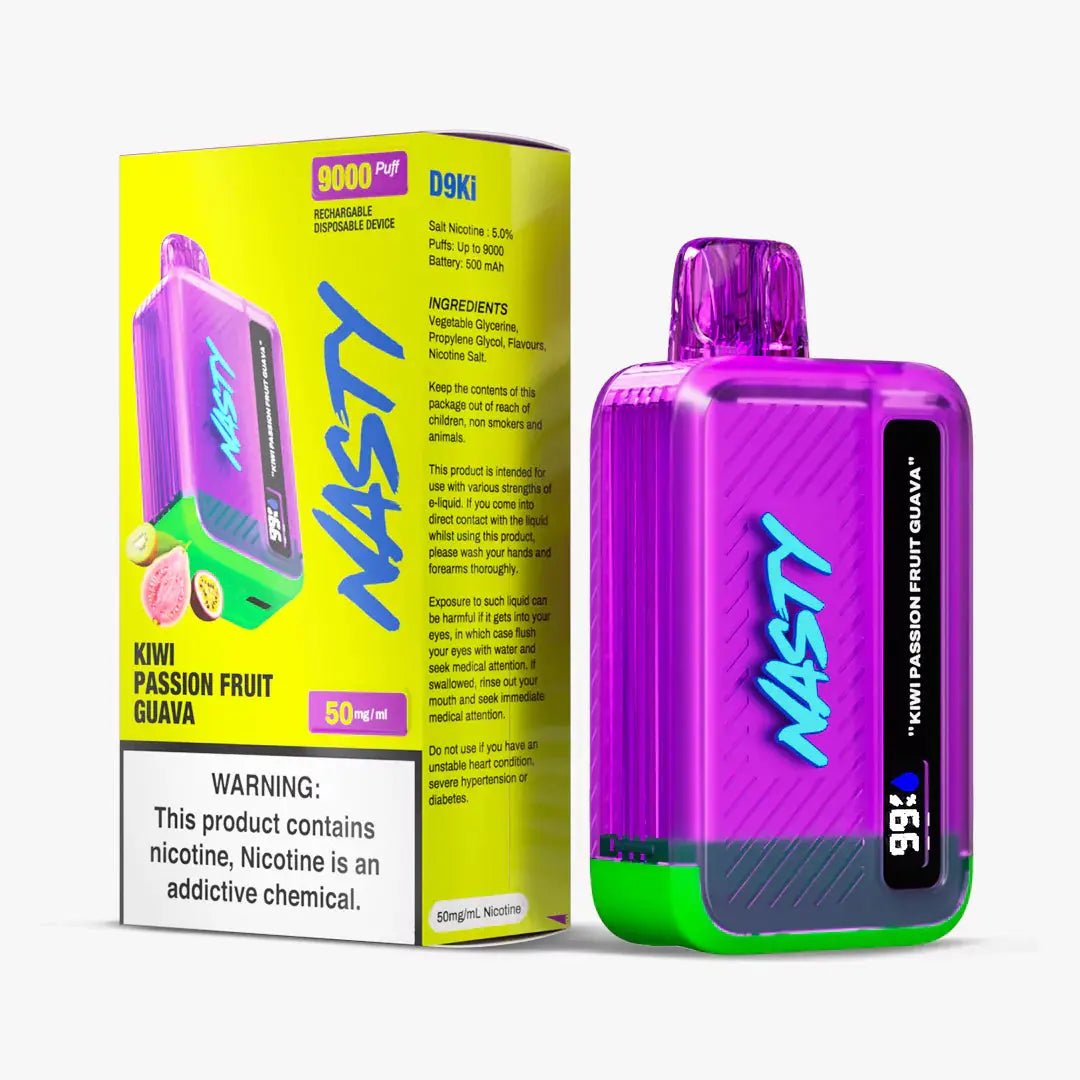 Nasty 9000 Puff Kiwi Passion Guava 5% disposable vape device with colorful packaging and branding.