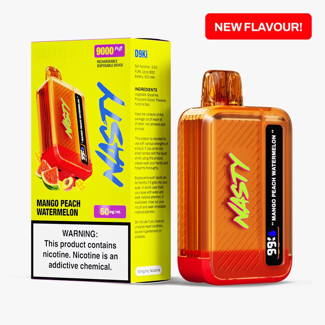 Nasty 9000 Puff Mango Peach Watermelon 5% disposable vape device with colorful fruit flavor design.