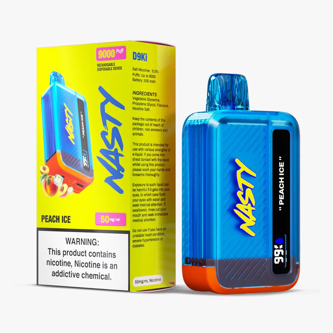 Nasty Peach Ice disposable vape with 9000 puffs, featuring a refreshing peach and menthol flavor in a sleek device.