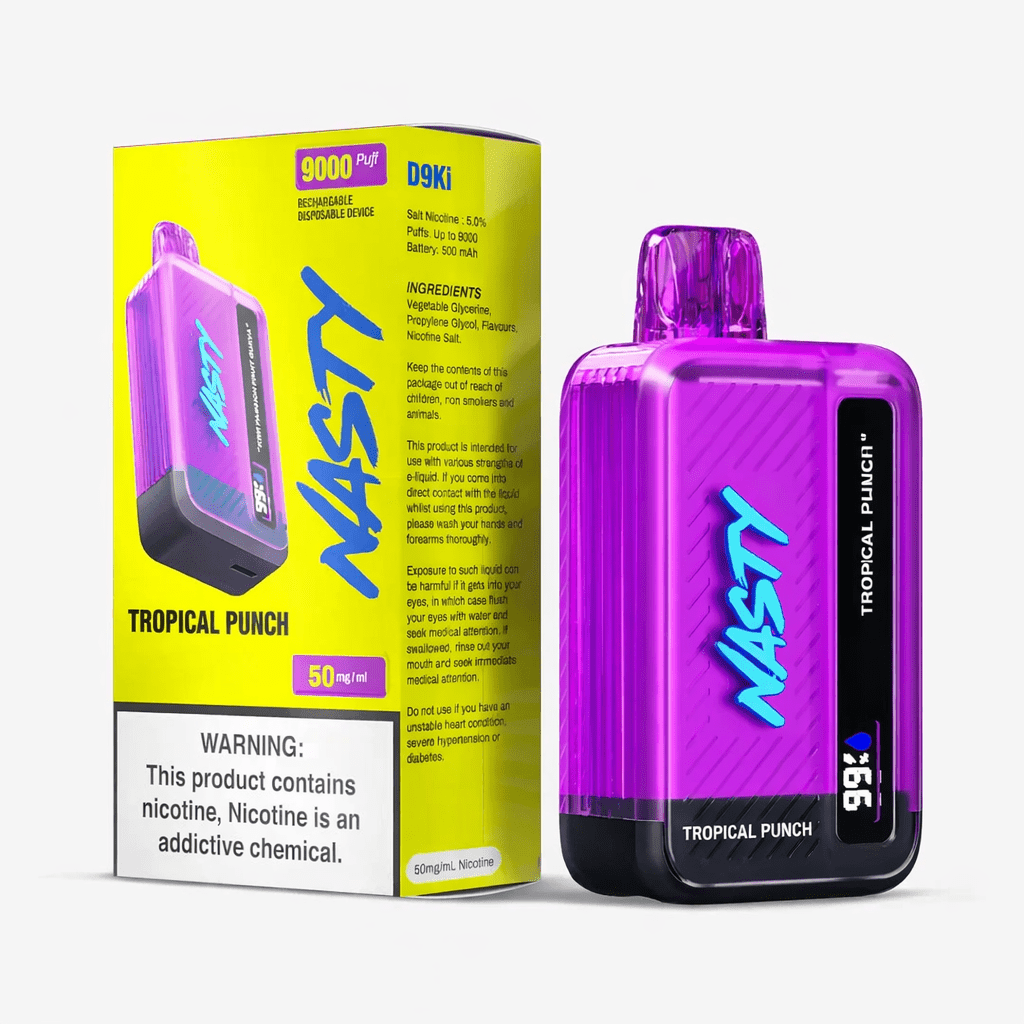 Nasty 9000 Puff Tropical Punch Ice 5% disposable vape, featuring colorful packaging with tropical fruit design and icy accents.
