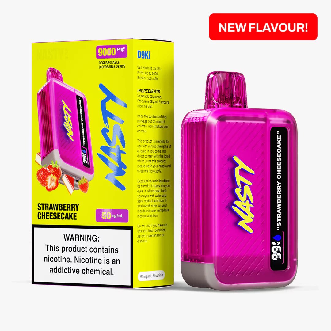 Nasty 9000 Puff Strawberry Cheesecake 5% vape device with sleek design and colorful branding on the packaging.