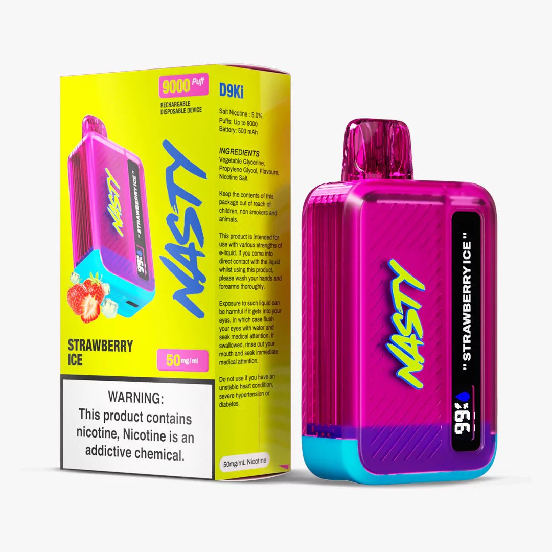 Nasty 9000 Puff Strawberry Ice vape device with refreshing strawberry and menthol flavor, 5% nicotine, sleek design.
