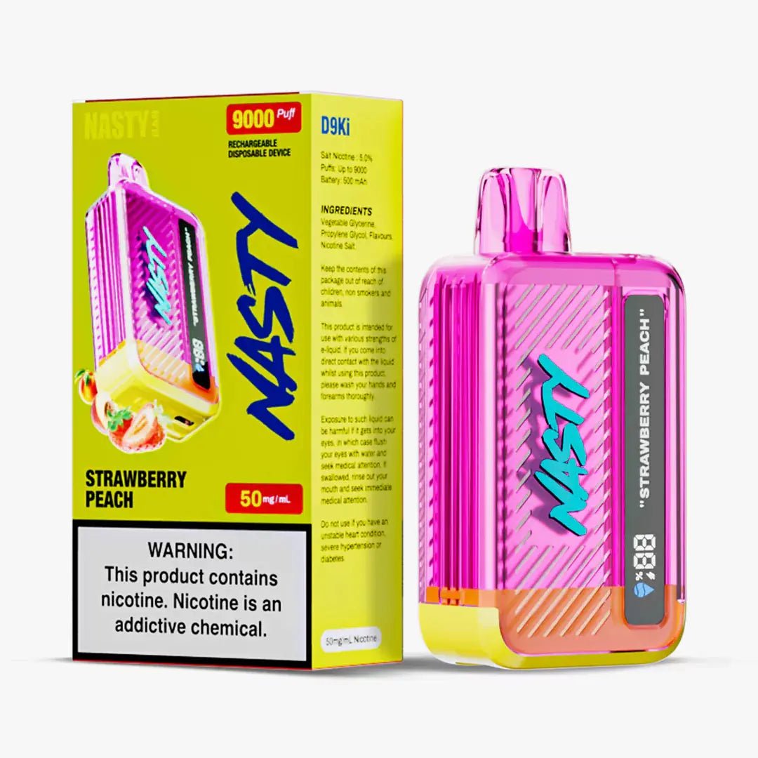 Nasty 9000 Puff disposable vape in Strawberry Peach flavor, featuring a sleek design and colorful branding.