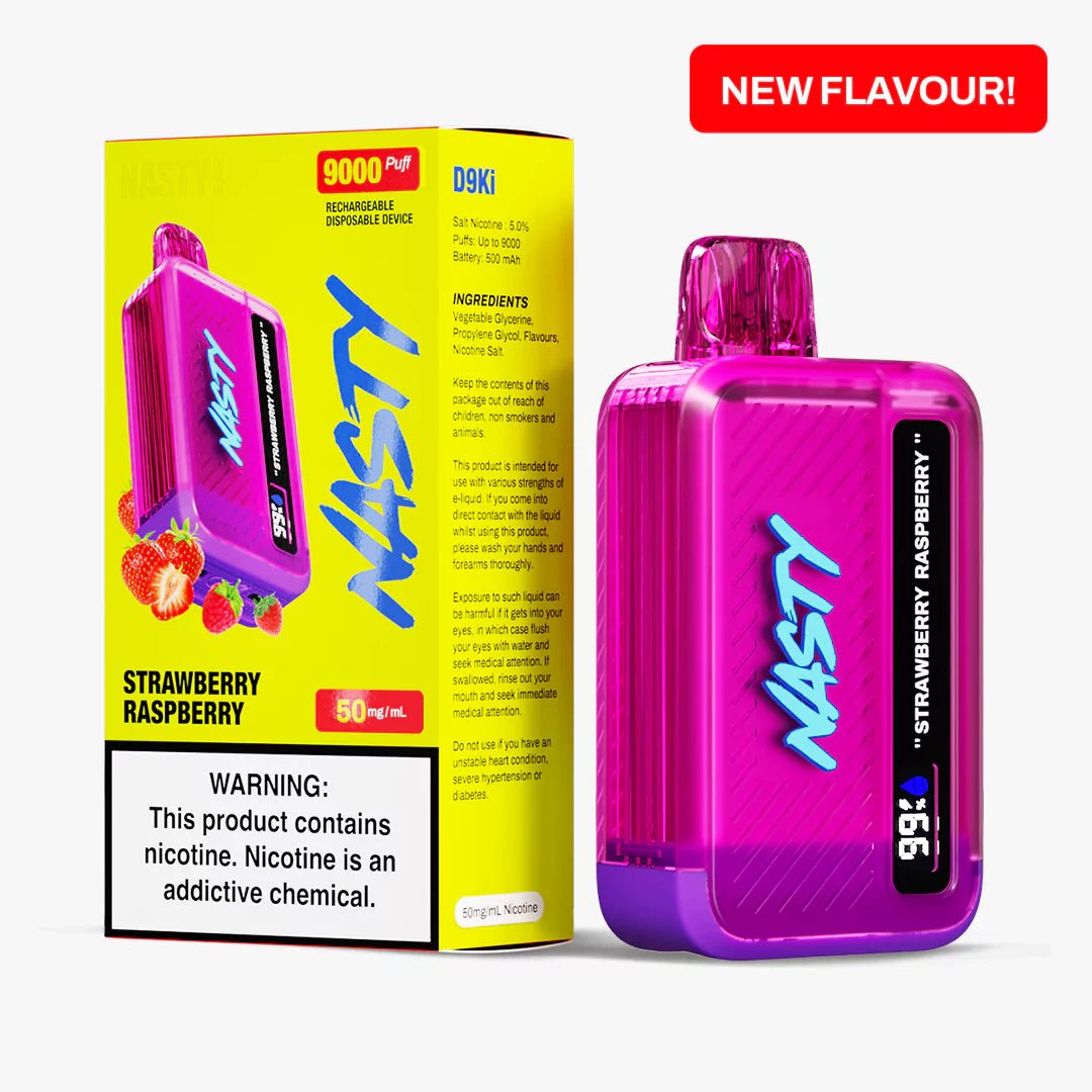 Nasty 9000 Puff Strawberry Raspberry 5% disposable vape device with colorful design and fruity flavor profile.