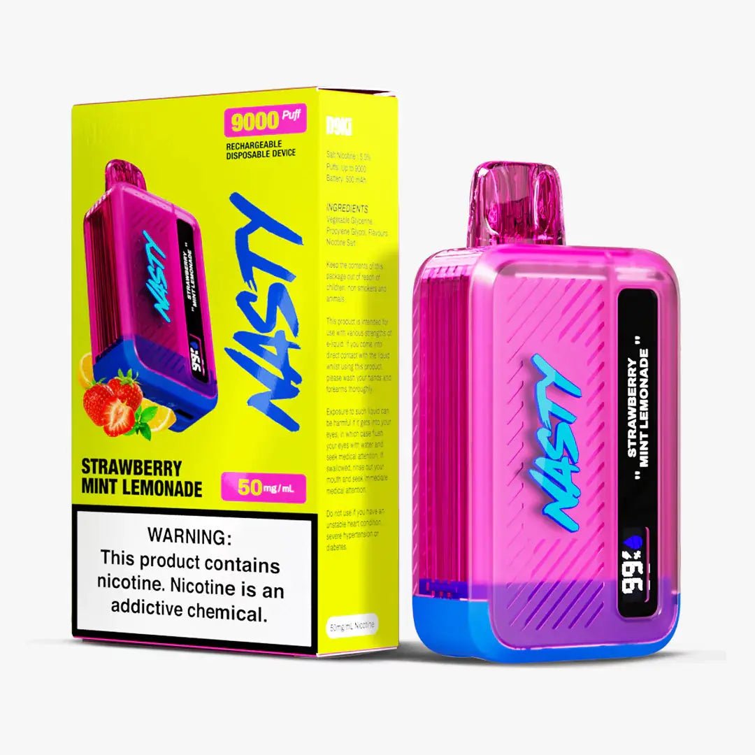 Nasty 9000 Puff Strawberry Mint Lemonade 5% disposable vape device with colorful design and clear branding.
