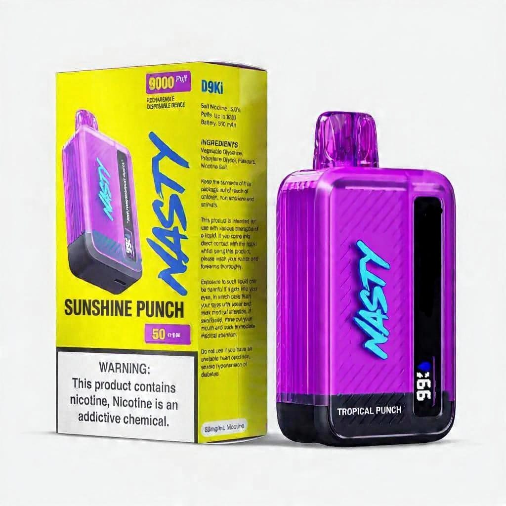 Nasty 9000 Puff Sunshine Punch 5% disposable vape device with yellow and orange design, showing the product front view.