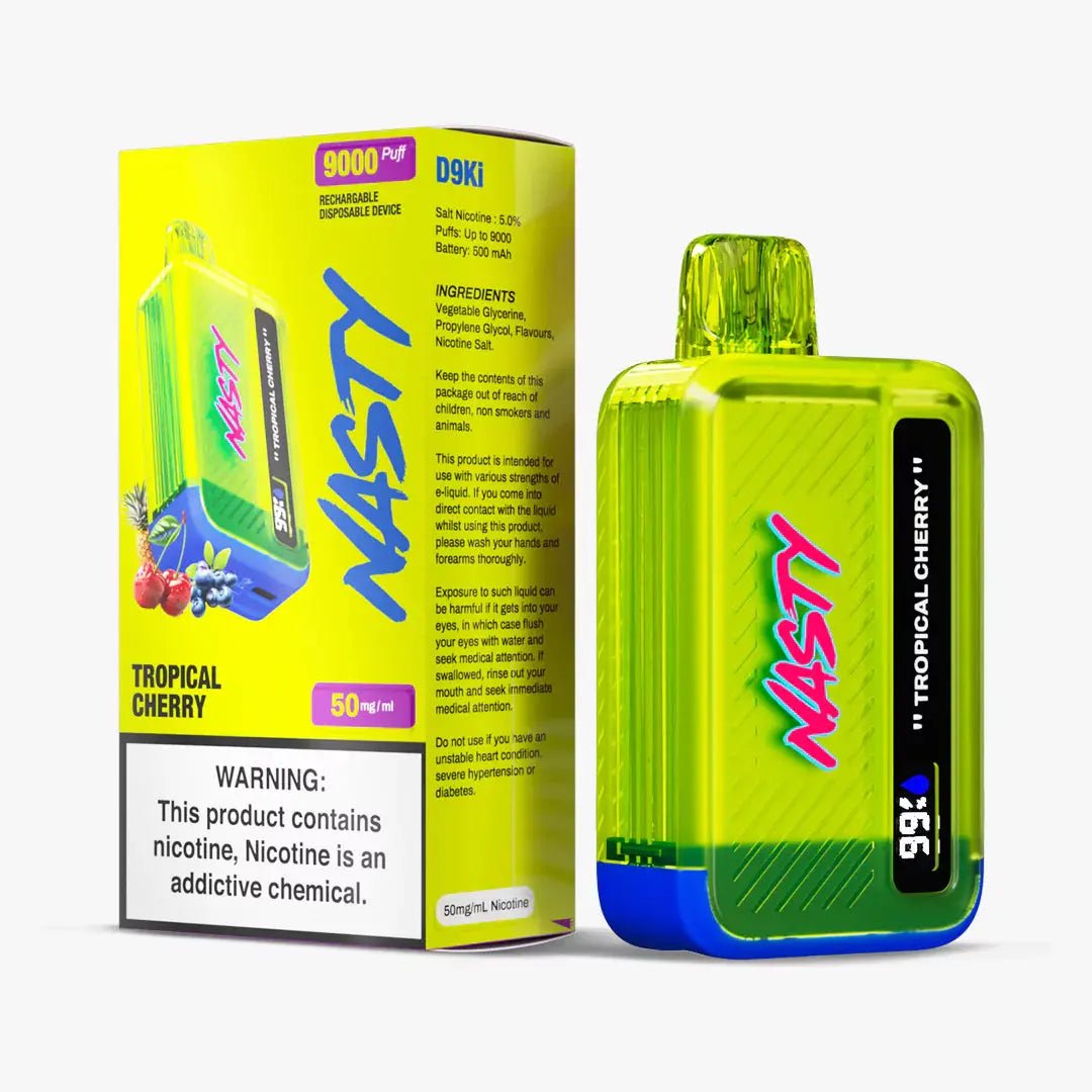 Nasty 9000 Puff Tropical Cherry 5% disposable vape device with colorful tropical cherry branding and sleek design.