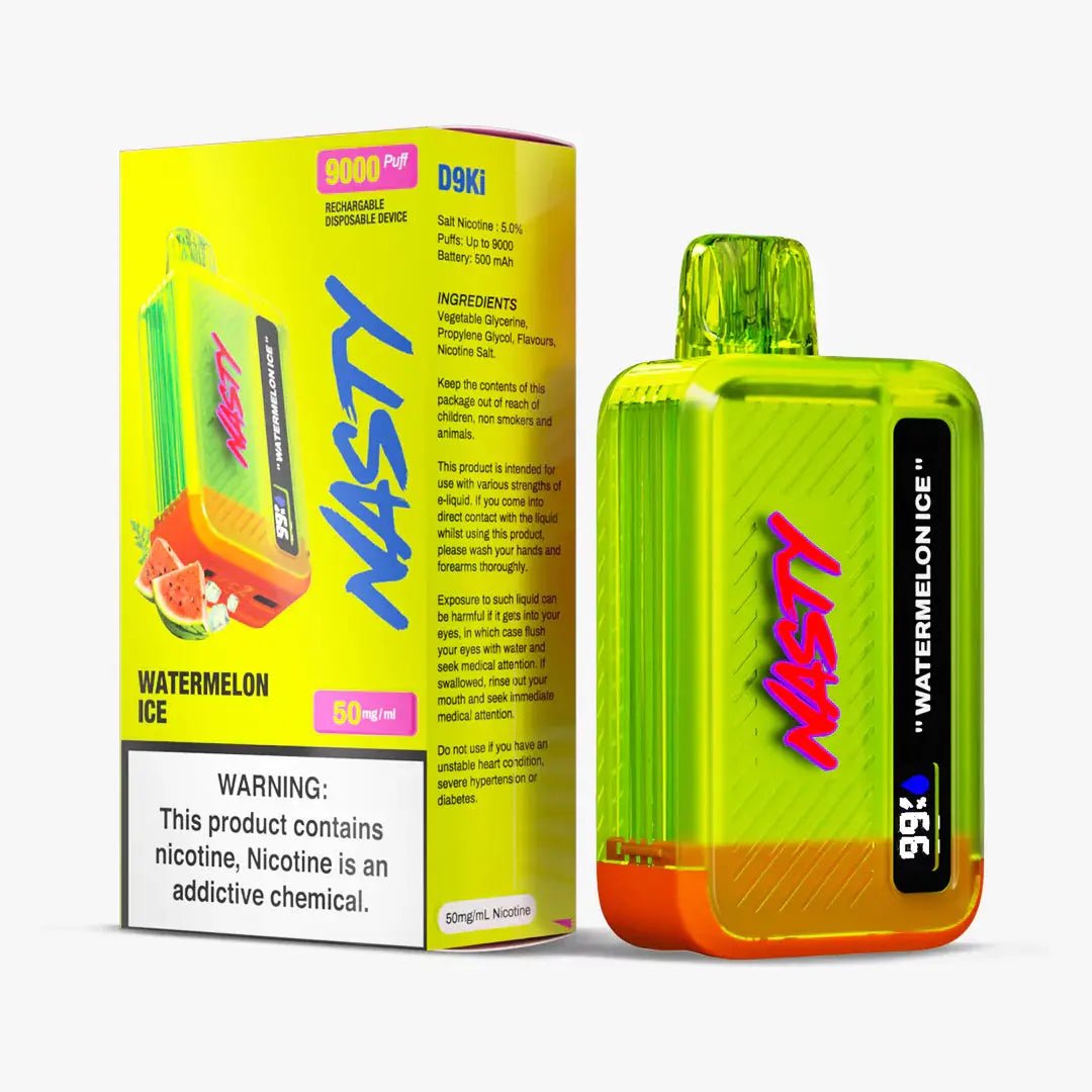 Nasty 9000 Puff Watermelon Ice 5% disposable vape device with a colorful watermelon and icy design.