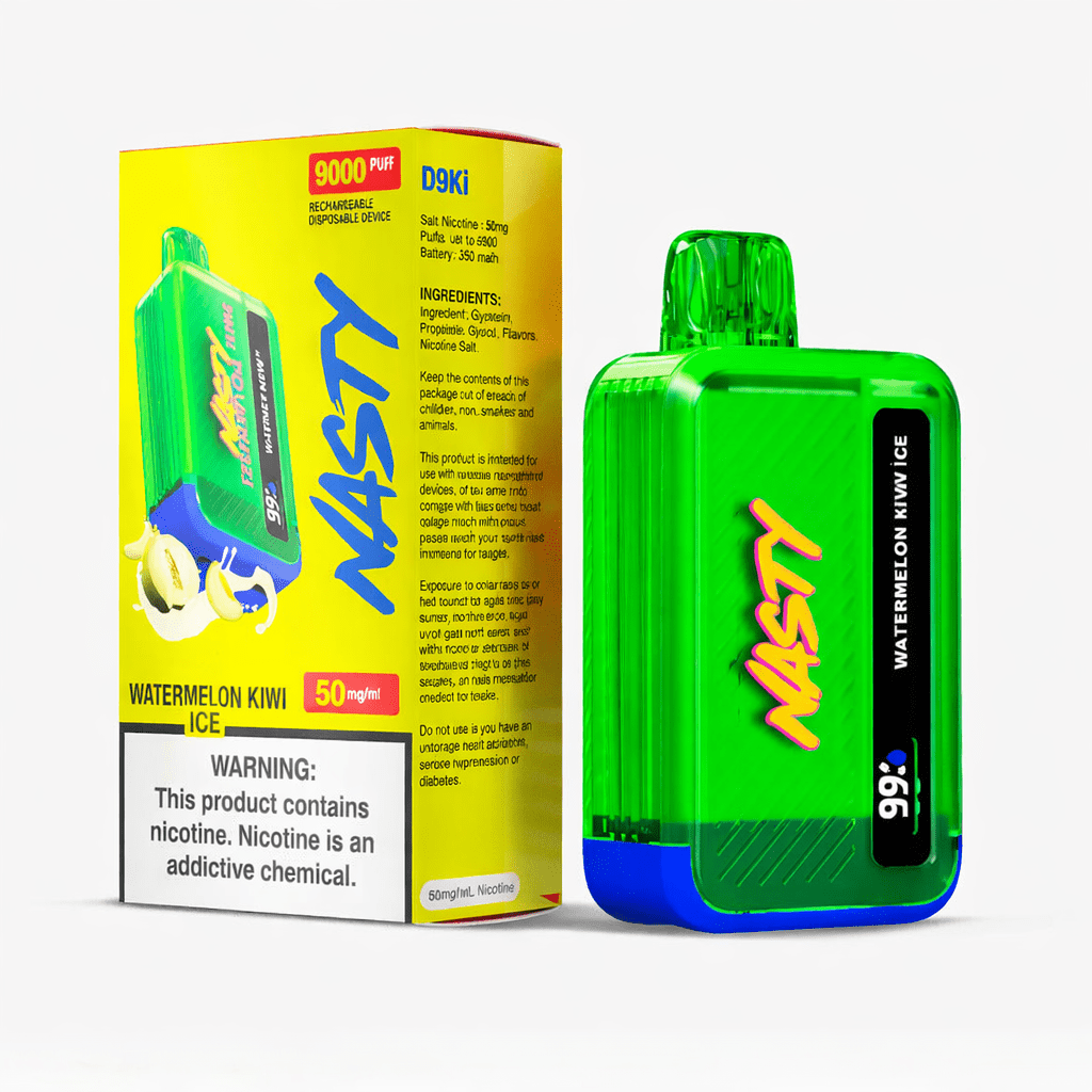 Nasty 9000 Puff Watermelon Kiwi Ice 5% disposable vape device with colorful design and flavor branding.