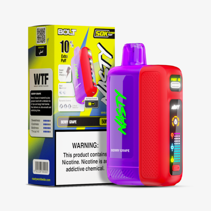 Nasty Bolt 50k Berry Grape 5% energy drink powder container with colorful label and black lid.