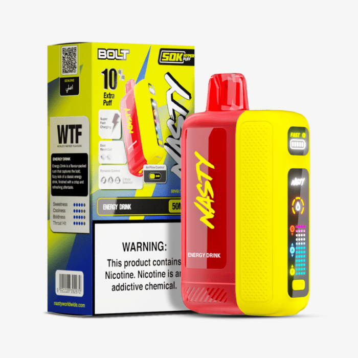 Nasty Bolt 50k energy drink can with bold black and yellow design, featuring the Nasty brand logo and energy boost information.