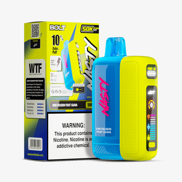Nasty Bolt 50k vape juice bottle featuring kiwi, passionfruit, and guava flavor with 5% nicotine, displayed with colorful label.