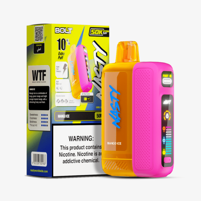 Nasty Bolt 50k Mango Ice 5% disposable vape device with colorful flavor branding and sleek design.