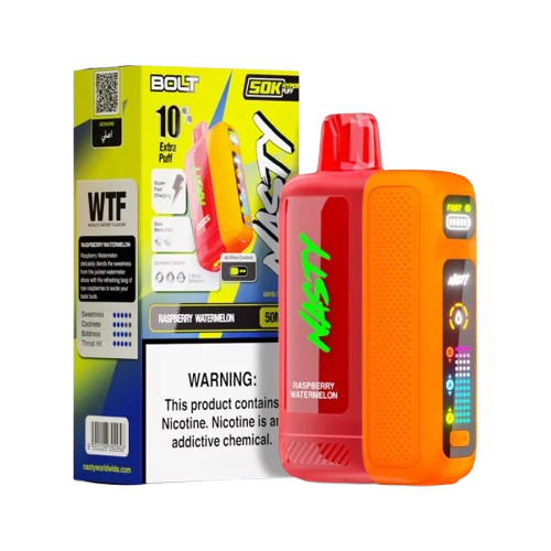 Nasty Bolt 50k Raspberry Watermelon 5% e-liquid bottle with colorful label featuring raspberry and watermelon imagery.