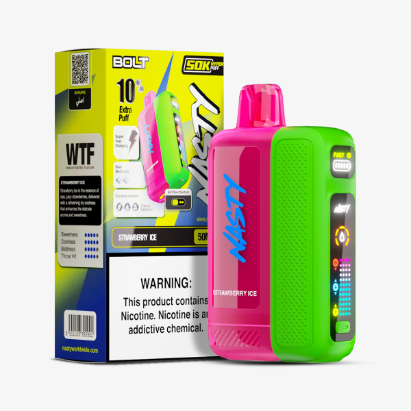 Nasty Bolt 50k Strawberry Ice 5% e-liquid bottle with label featuring strawberry ice flavor and Nasty branding.