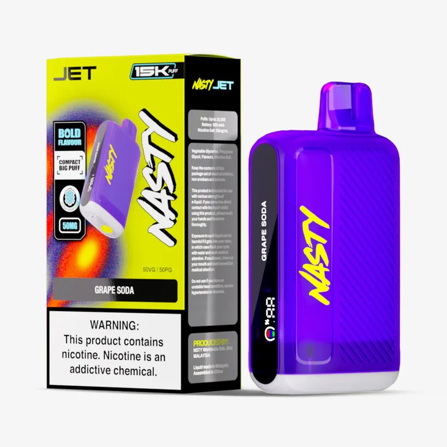 Nasty Jet 15k Grape Soda 5% e-liquid bottle with vibrant label and clear packaging, designed for vaping enthusiasts.