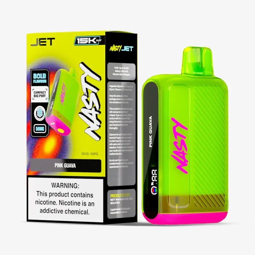 Nasty Jet 15k vape pod in Pink Guava flavor with 5% nicotine, featuring a sleek pink design and visible mouthpiece.