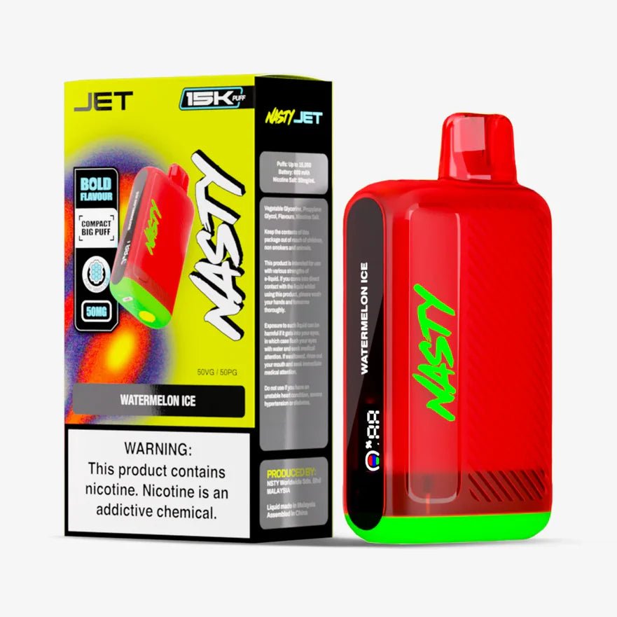 Nasty Jet 15k Watermelon Ice 5% vape juice bottle with watermelon and ice flavor branding and colorful label design.