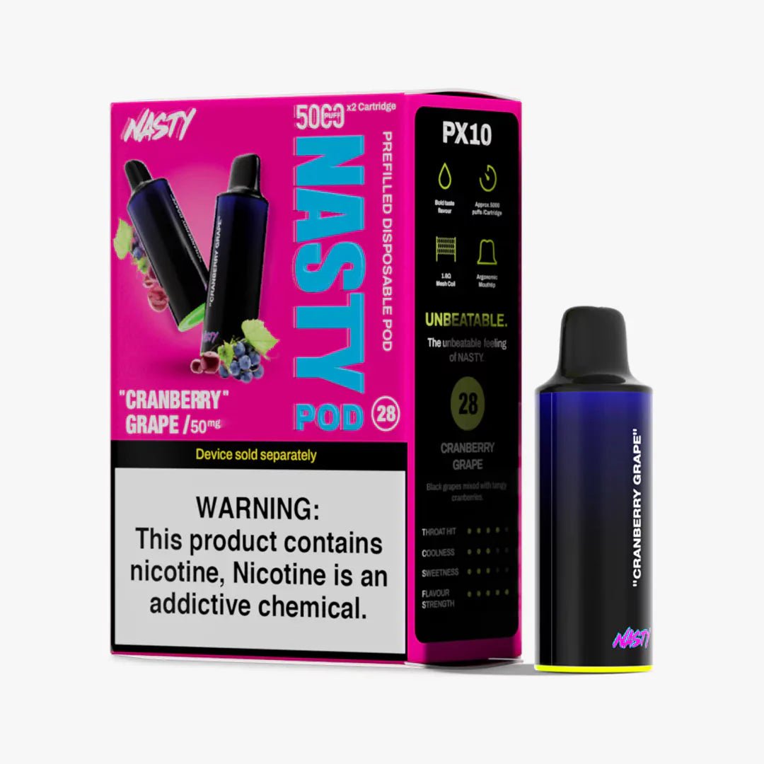 Nasty PX10 Pod in Cranberry Grape flavor with 5% nicotine, designed for Nasty PX10 vaping device, showing the pod and flavor branding.