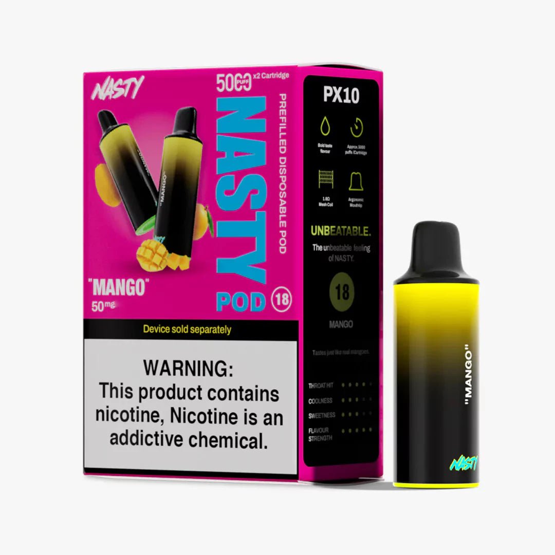 Nasty PX10 Pod in Mango 5% e-liquid, showing the sleek pod with Mango flavor branding and Nasty logo.