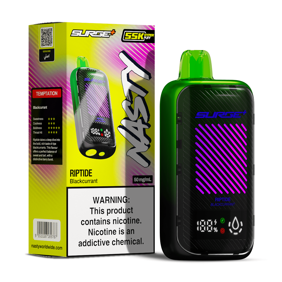 Nasty Surge 55K Blackcurrant Vape 5% with blackcurrant flavor and sleek black design, featuring the Nasty brand logo.