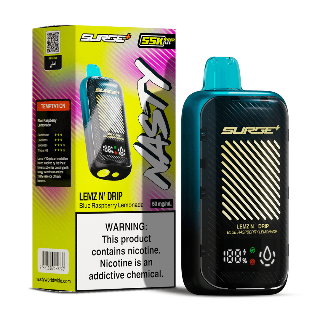 Nasty Surge 55K Blue Raspberry Lemonade Vape 5% e-liquid bottle with blue raspberry and lemonade flavor design.