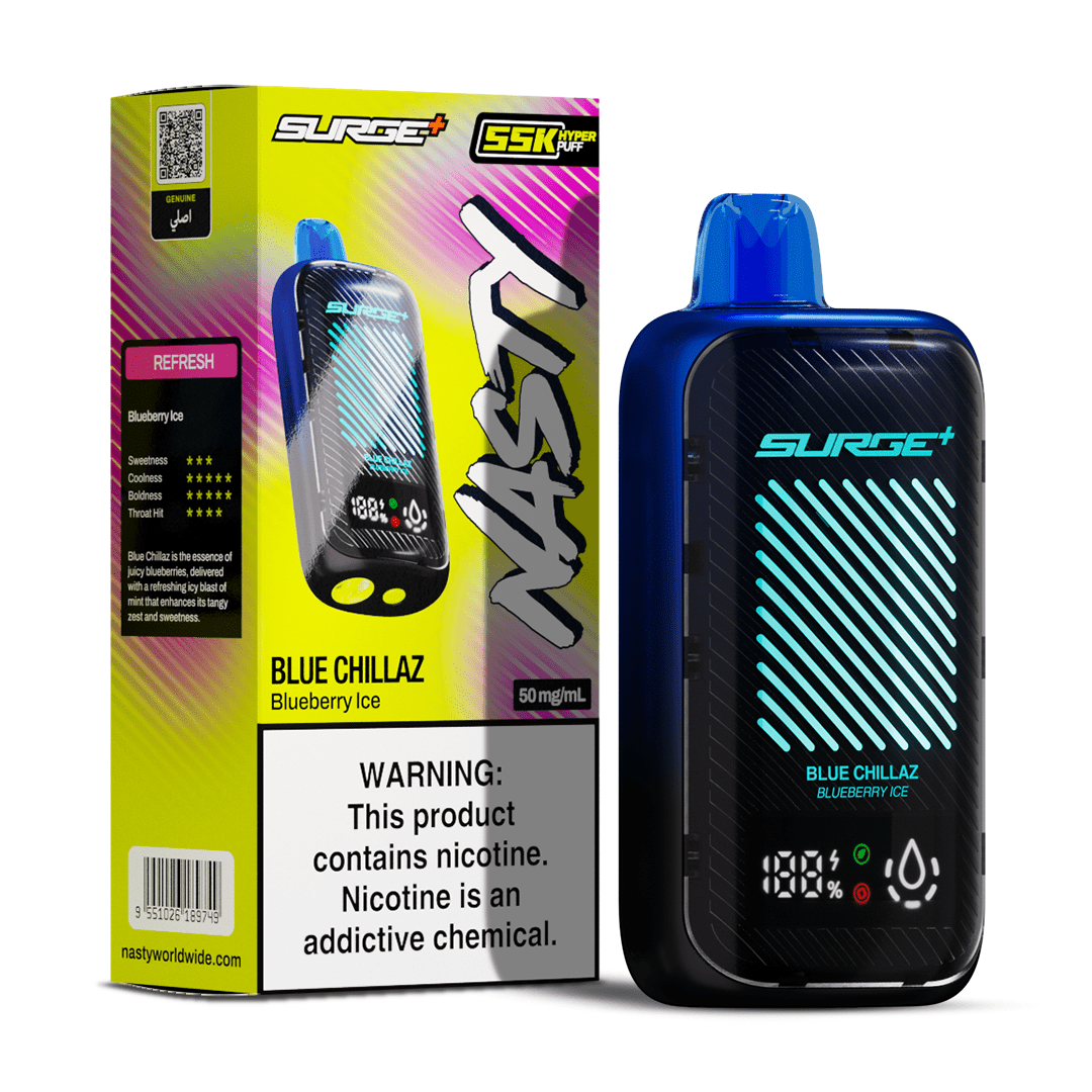Nasty Surge 55k Blueberry Ice Blue Chillaz 5% vape juice bottle with blue and purple branding and flavor label.