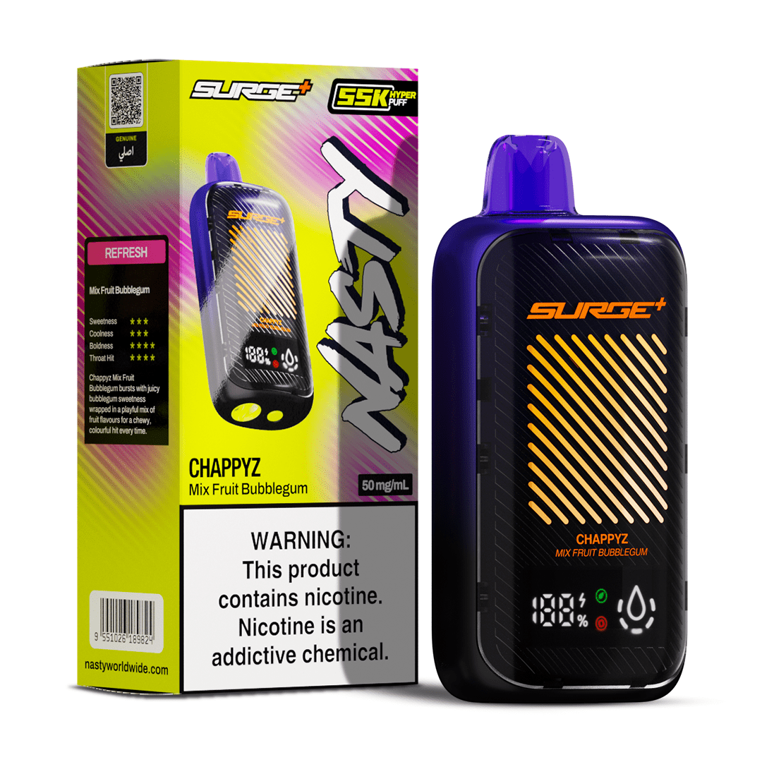 Nasty Surge 55k Fruit Chappys (Chappys) 5% pre-workout supplement with fruit flavor, shown in a container with colorful packaging.