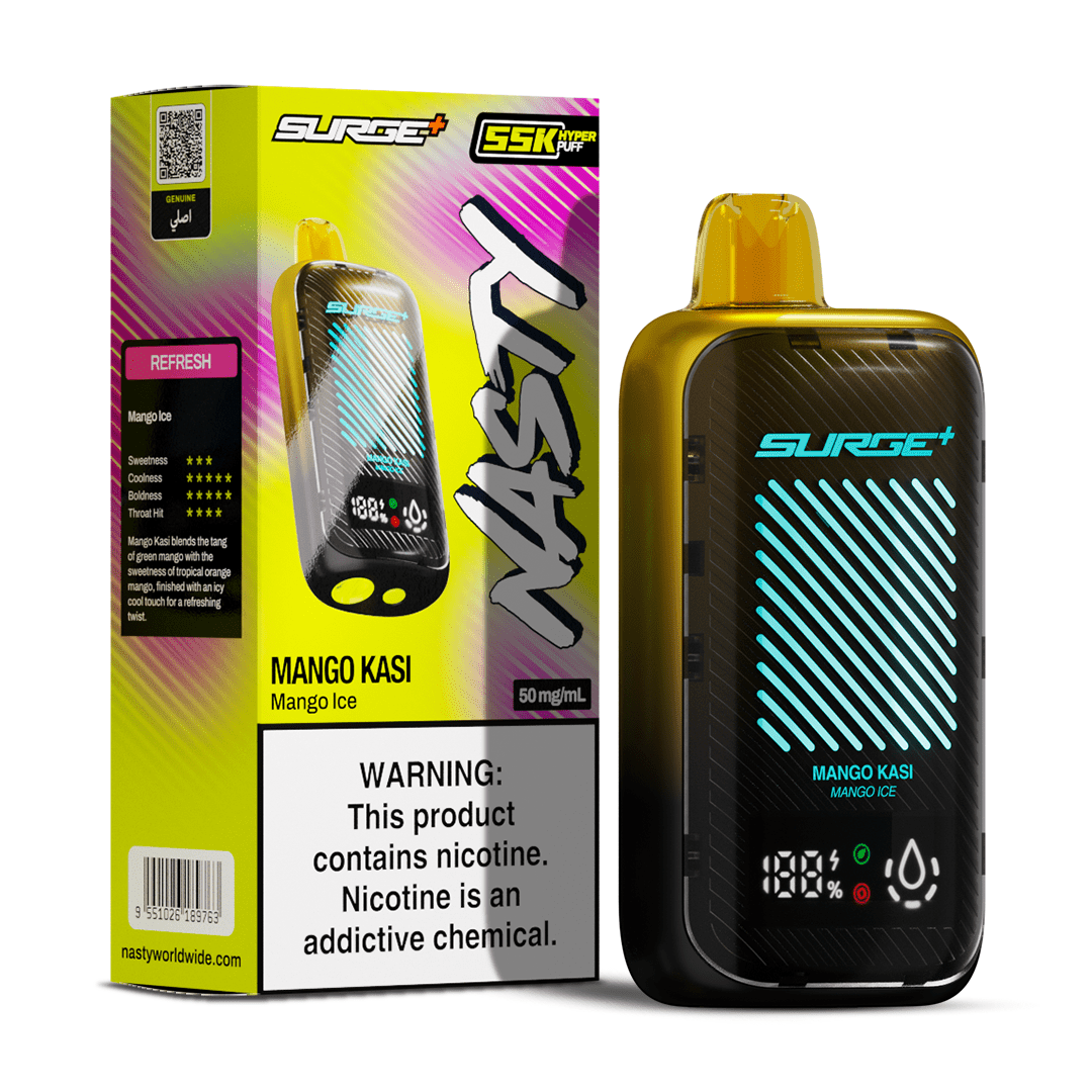 Nasty Surge 55k Mango Ice (Mango Kasi) e-liquid bottle with vibrant orange and yellow label and flavor details.