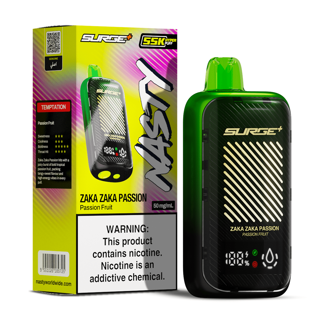 Nasty Surge 55k Passionfruit e-liquid bottle with vibrant label featuring passionfruit illustration and branding.