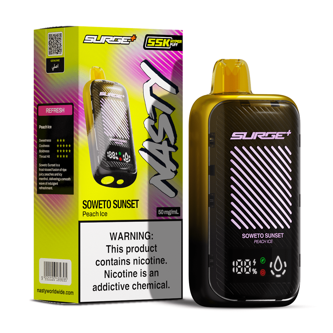 Nasty Surge 55k Peach Ice e-liquid bottle with peach and icy flavor, featuring Soweto Sunset artwork on the label.