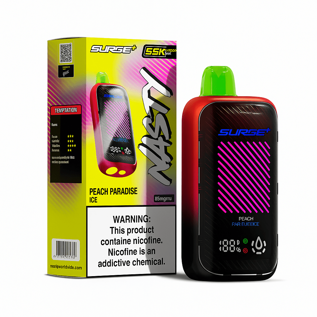 Nasty Surge 55k Peach Paradise Ice Cape Sunset disposable vape device with colorful design and flavor label.