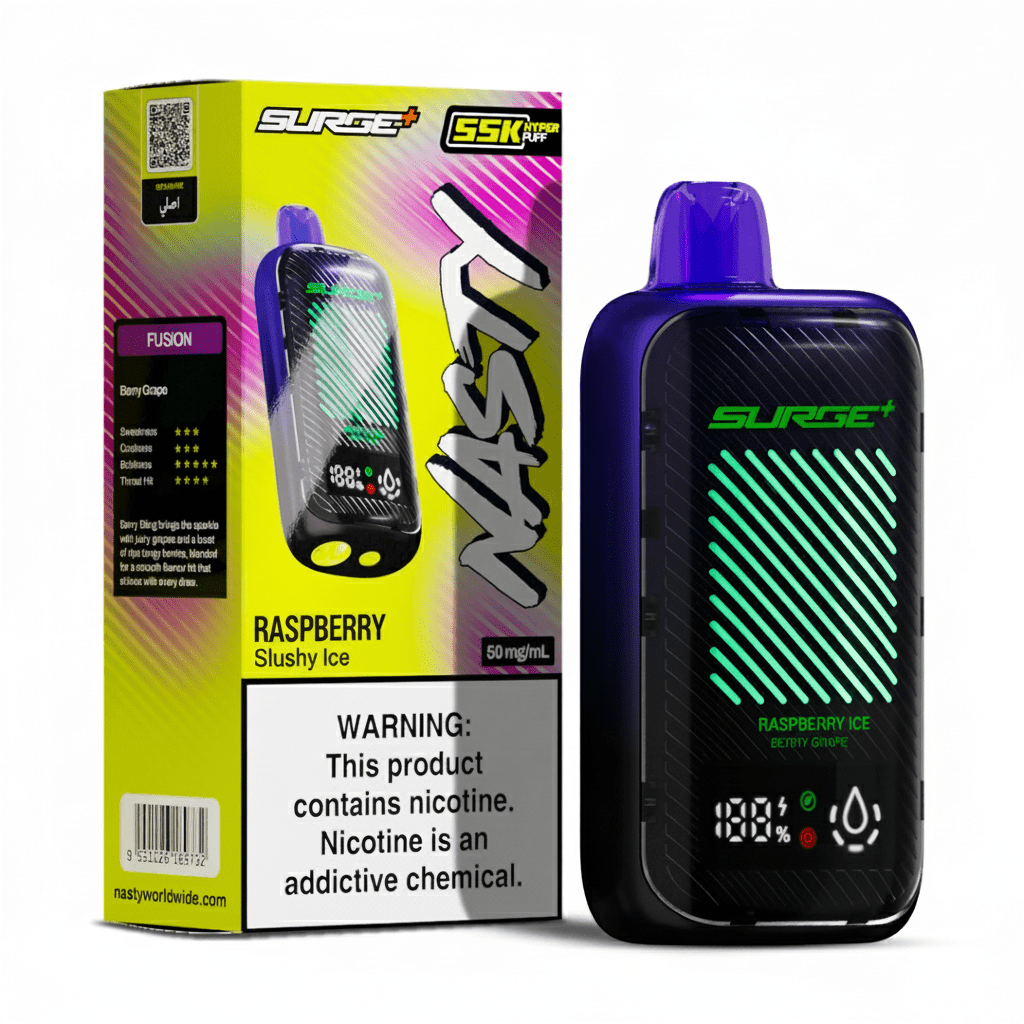 Nasty Surge 55k Raspberry Slushy Ice vape juice bottle from Jozi Frost, featuring a vibrant raspberry flavor.