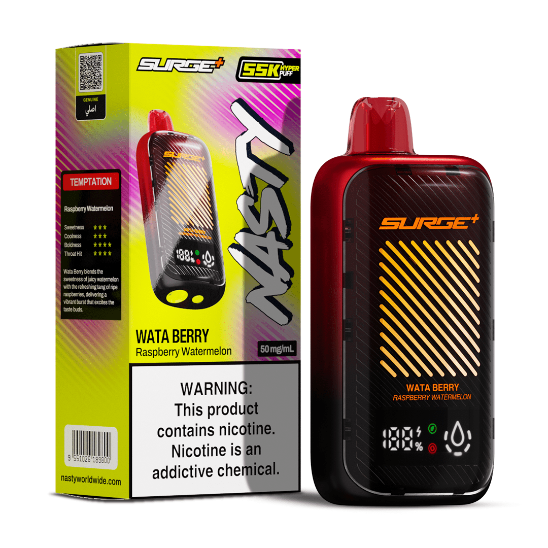 Nasty Surge 55k Raspberry Watermelon (Wata Berry) 5% e-liquid bottle featuring a vibrant label with raspberry and watermelon imagery.