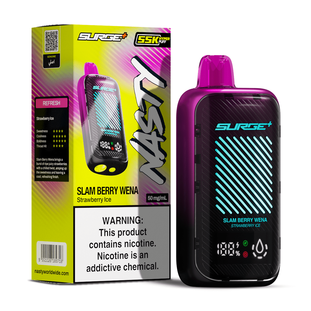 Nasty Surge 55k Strawberry Ice e-liquid bottle with label featuring strawberry and ice imagery, 5% nicotine strength.