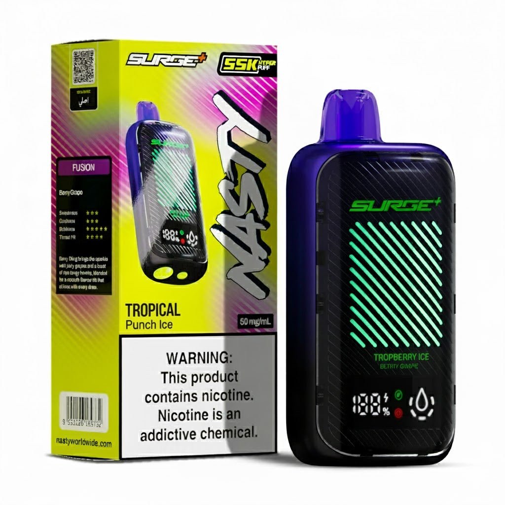 Nasty Surge 55k Tropical Punch Ice e-liquid bottle featuring vibrant label with tropical flavor imagery.