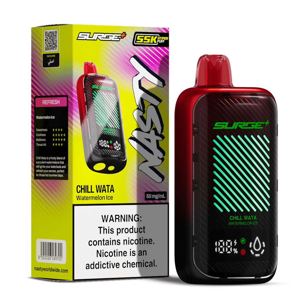 Nasty Surge 55k Watermelon Ice Chill Wata 5% e-liquid bottle with vibrant watermelon and icy mint flavor label.