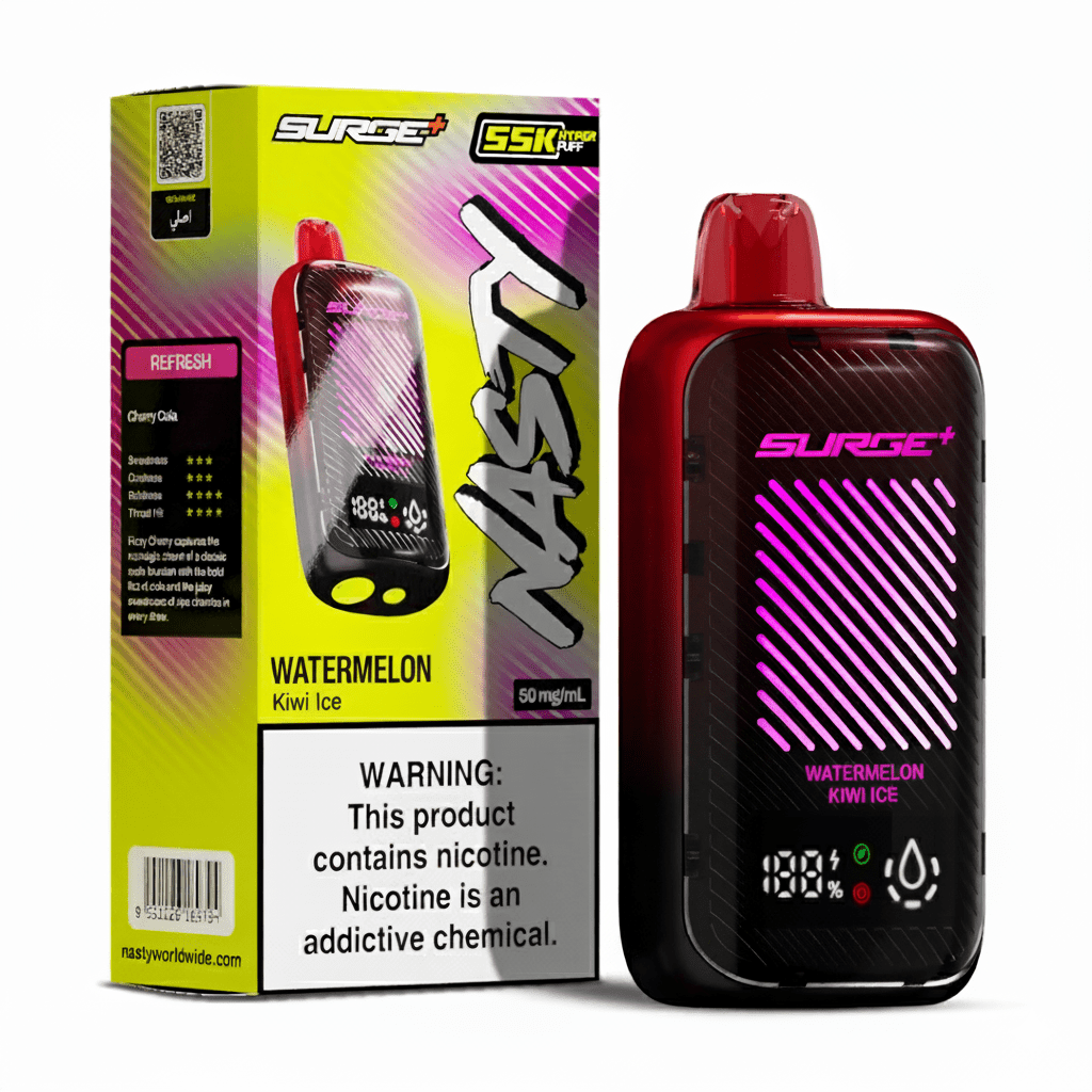 Nasty Surge 55k Watermelon Kiwi Ice e-liquid bottle, 5% nicotine, with colorful label design on a plain background.