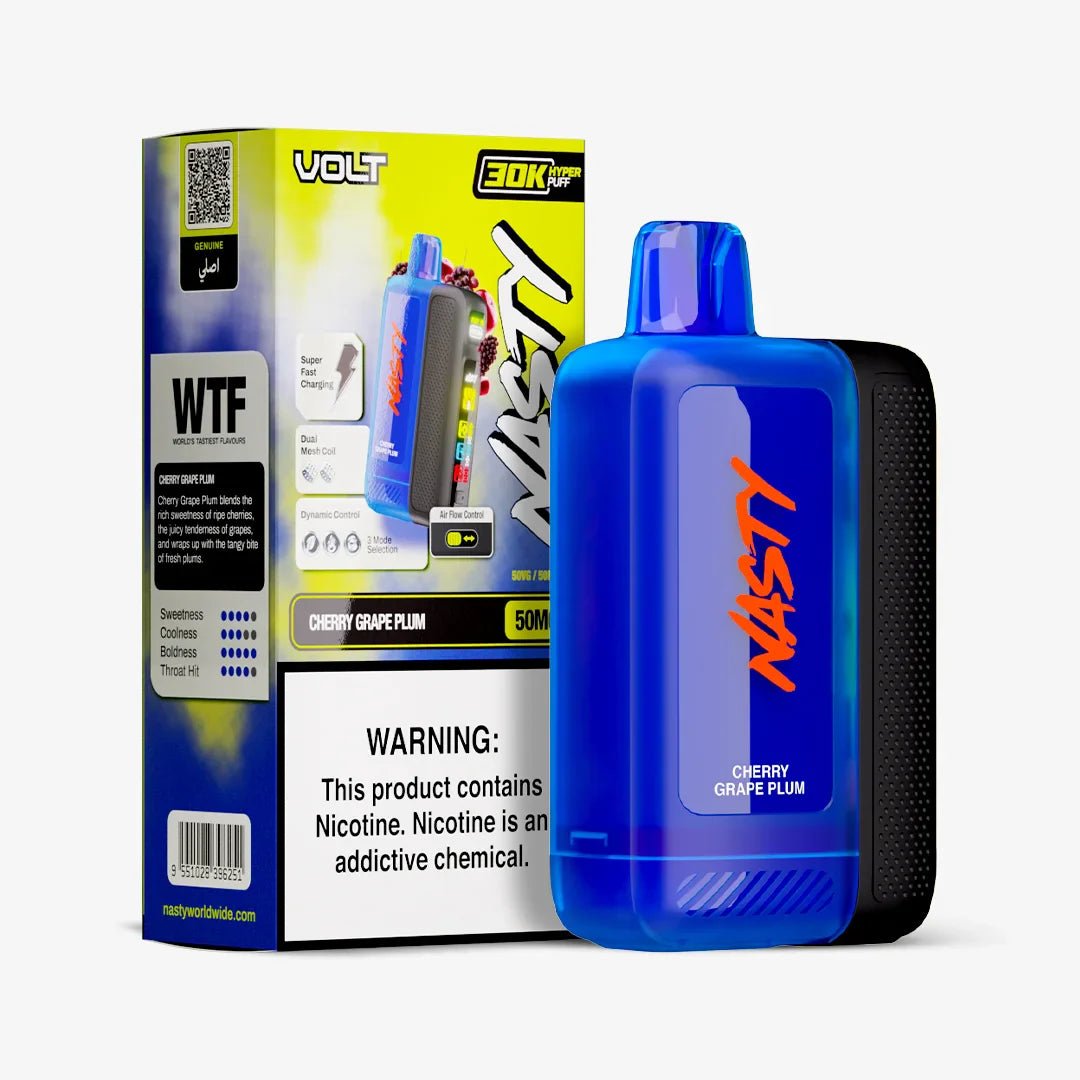 Nasty Volt 30k disposable vape with cherry, grape, and plum flavor, featuring colorful design and compact shape.
