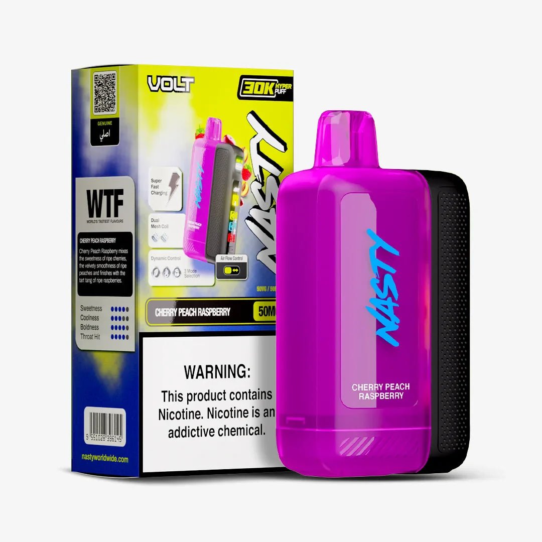 Nasty Volt 30k disposable vape in Cherry Peach Raspberry flavor with 5% nicotine, showing the colorful vape device and flavor label.