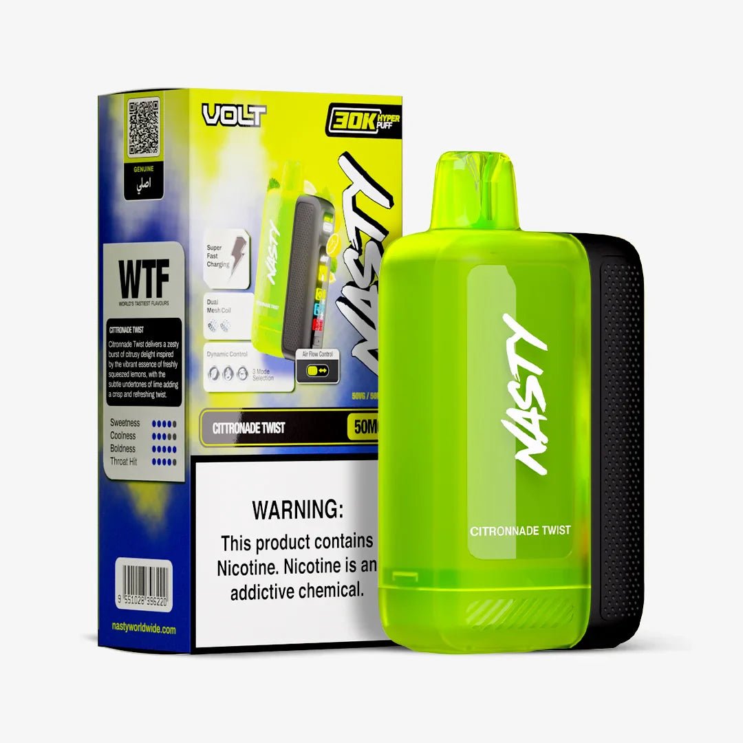 Nasty Volt 30k Citronnade Twist 5% e-liquid bottle with bright yellow and white label, featuring lemon images and Nasty branding.