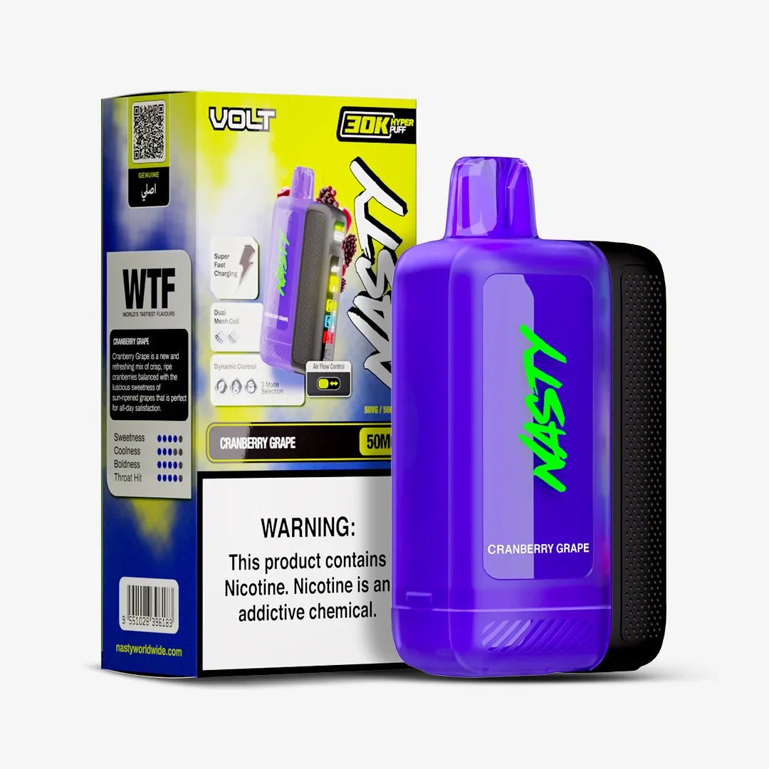 Nasty Volt 30k Cranberry Grape 5% energy drink can with vibrant red and purple design featuring cranberry and grape imagery.
