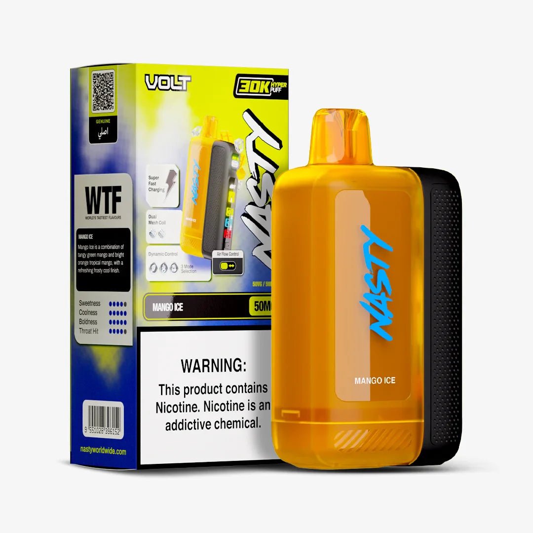 Nasty Volt 30k Mango Ice 5% disposable vape device with vibrant orange and mango images on the packaging.