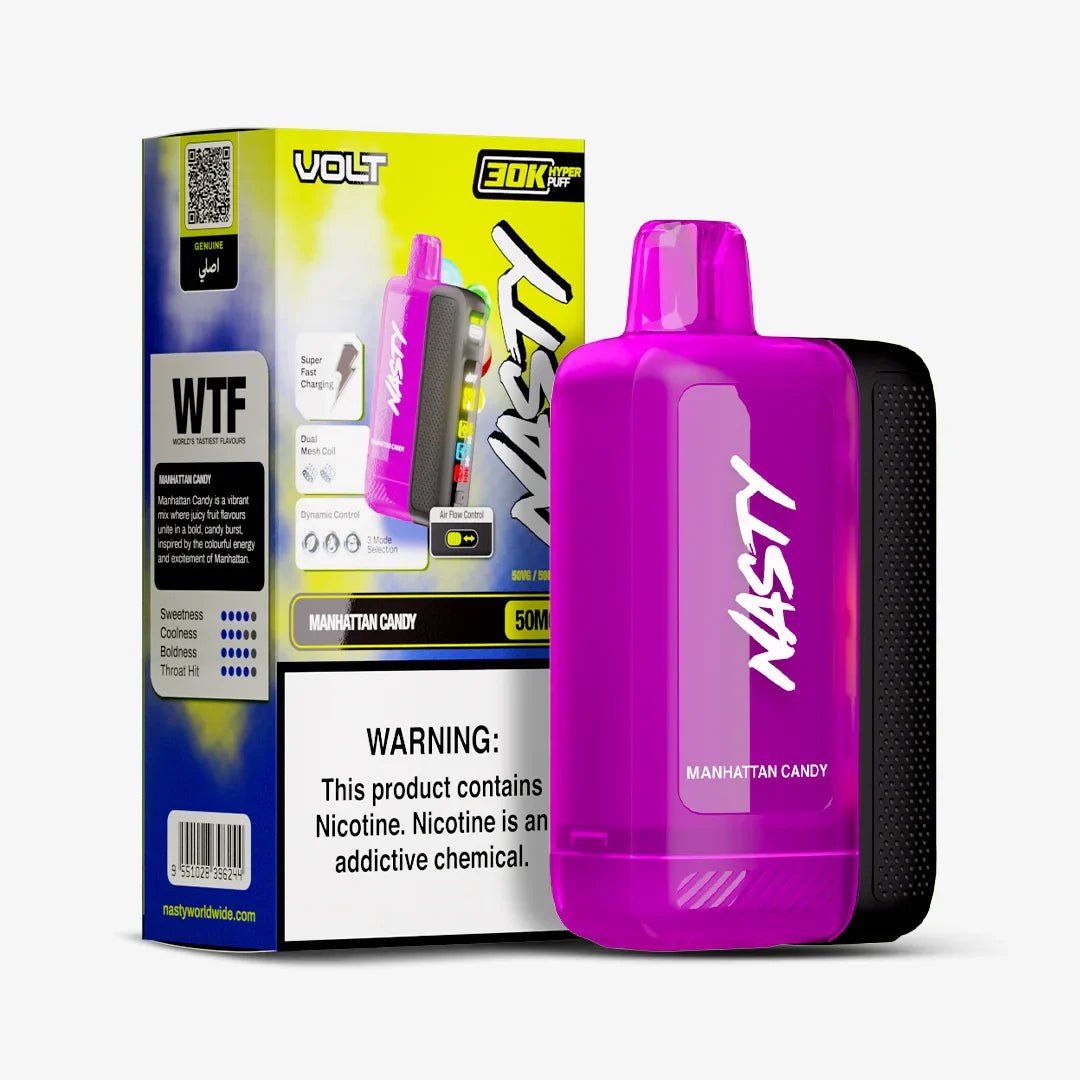 Nasty Volt 30k pre-workout supplement with Manhattan Candy 5% flavor, showing the product bottle with colorful label.