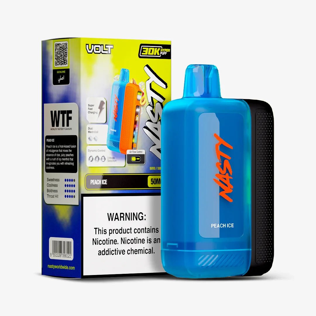 Nasty Volt 30k Peach Ice 5% disposable vape device with peach and menthol flavor, sleek design, and compact size.