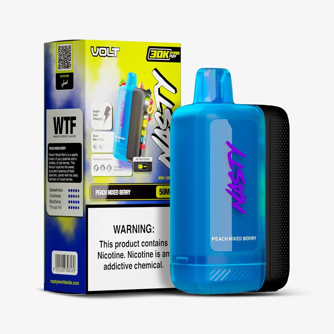 Nasty Volt 30k Peach Mixed Berry 5% e-liquid bottle with colorful label, designed for vaping devices.