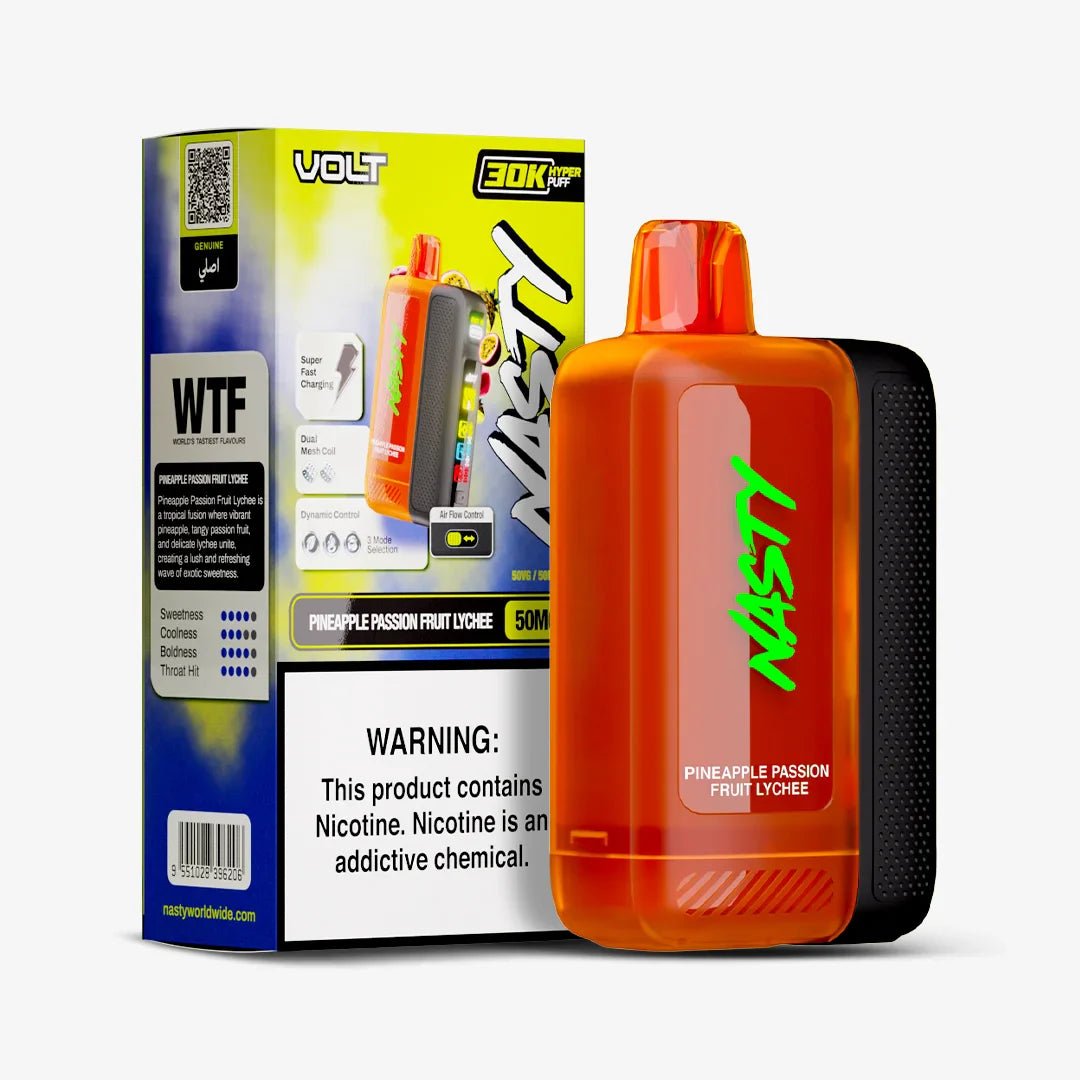 Nasty Volt 30k vape juice bottle featuring pineapple, passion fruit, and lychee flavor with 5% nicotine content.