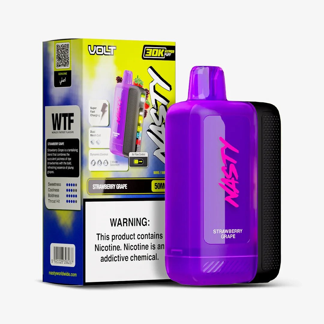 Nasty Volt 30k strawberry grape flavored vape device with vibrant red and purple design, showcasing the product in a sleek, modern style.